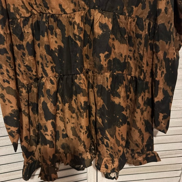 Pretty Little Thing Chocolate Abstract Puff Sleeve Frill Hem Tea Dress 10 NWT - Picture 6 of 10